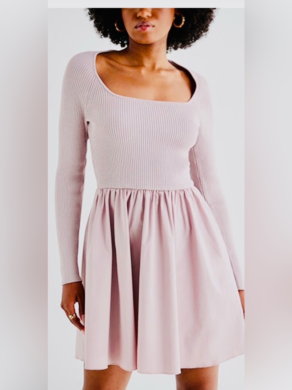 NWT Express Lg Sleeve Square Neck Mixed Media Dress in Dusty Pink/Mauve - Sz M!!